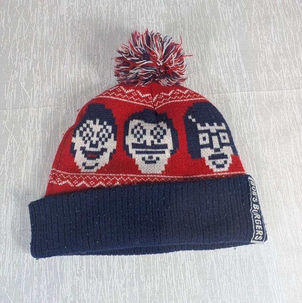 Bob's Burgers Beanie Hat One Size Knit Red Blue 8 Bit